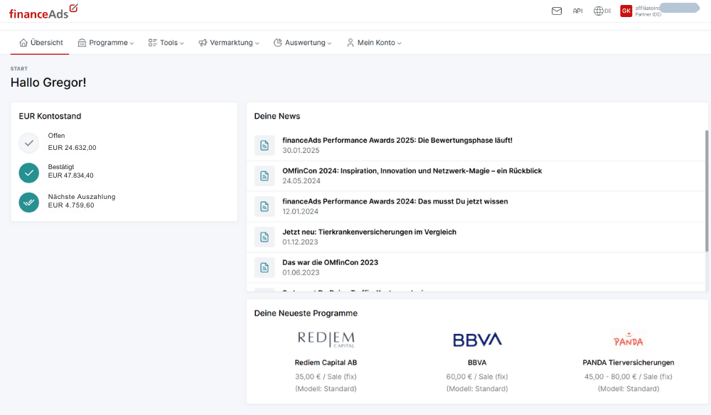 financeAds Partnerprogramm Nachweis